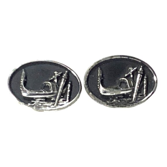 Large Vintage Hickok Gondola Venice Canal Scene Cufflinks Silver Tone Black Oval - Picture 1 of 7
